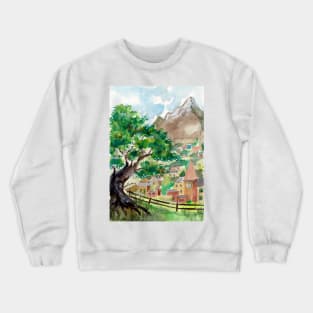 Mountain Village and old Tree Crewneck Sweatshirt